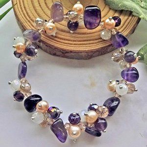 New Gorgeous 925 Silver Amethyst Cultured Pearl Bracelet
